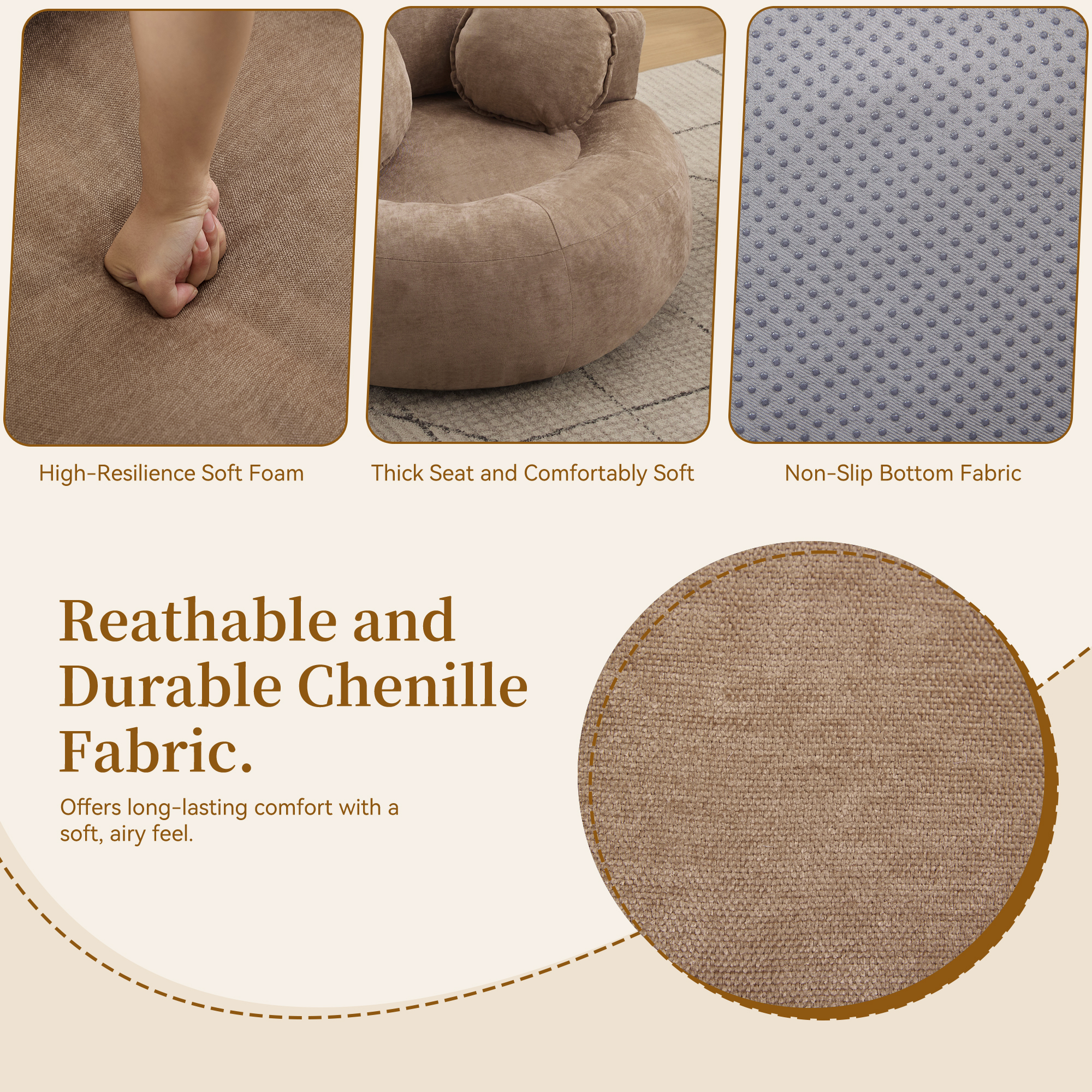 43'' Round Oversized Chaise Lounge Indoor Chair, No Assembly Chenille Compressed Circle Sofa Bed,Comfy Upholstered Sleeper Couch,Lazy Bean Bag Couch for Living Room, Bedroom,Brown