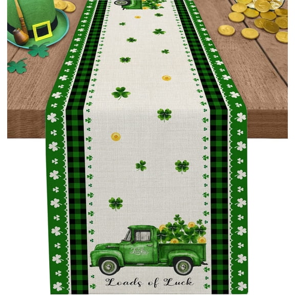 St Patrick''s Day Shamrock Truck Table Runners 71 inches Long, Lucky Clover Cotton Linens Table Cloth Dresser Scarves for Parties Wedding, Coffee/Dinning Table Runner, Home Decorations