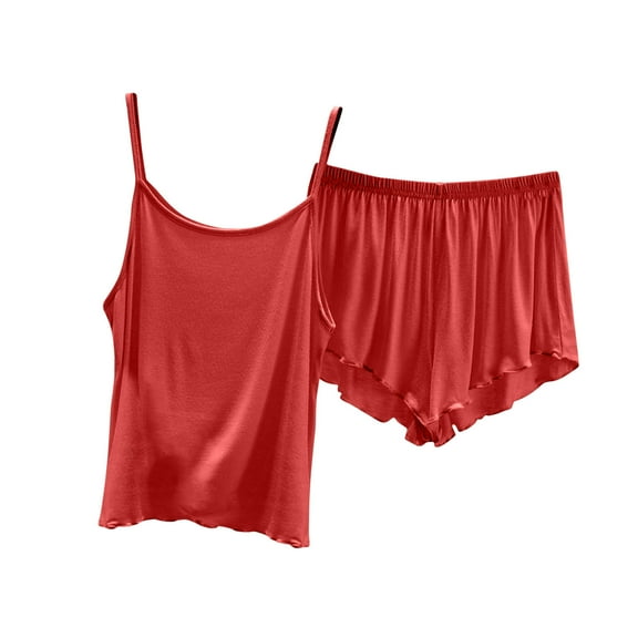 Lovskoo 2024 Lounge Sets for Women Summer Sleeveless Ruffled Pajamas Sets Cami Shorts Sets Sleepwear 2 Piece Sets Red 2XL