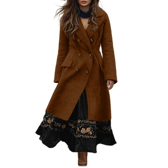 YAYUBA Women's Business Casual Notch Lapel Wool Coat Double Dressy Long Winter Pea Coat
