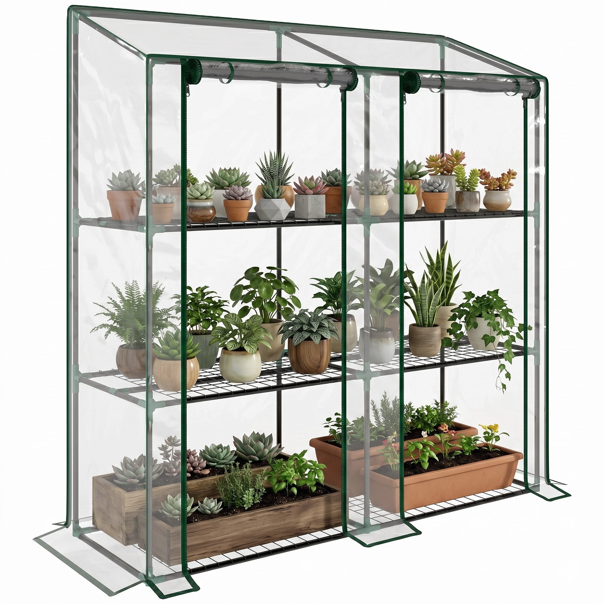 Outsunny 3 Tier Lean-to Greenhouse with 2 Roll-Up Zippered Doors, Transparent Plastic Cover, Portable Small Greenhouse, Clear