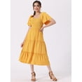 thumbnail image 4 of Unique Bargains Women's Square Neck Short Sleeve Tiered Flowy Boho Midi Smocked Dress S Yellow, 4 of 6