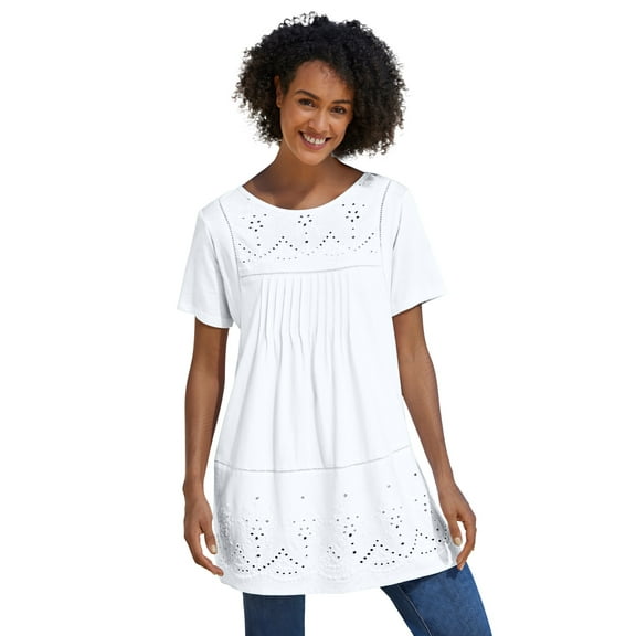 Woman Within Plus Size Embroidered Eyelet Pintucked Tunic