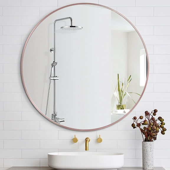 BEHOME Round Mirror 36"x 36" Bathroom Mirror Alluminum Alloy Large Circle Mirror Wall Decor-Rose Gold