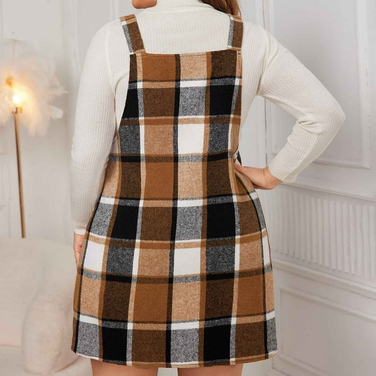 brown plaid overall dress Trendy Chic Plaid Overall Skirt