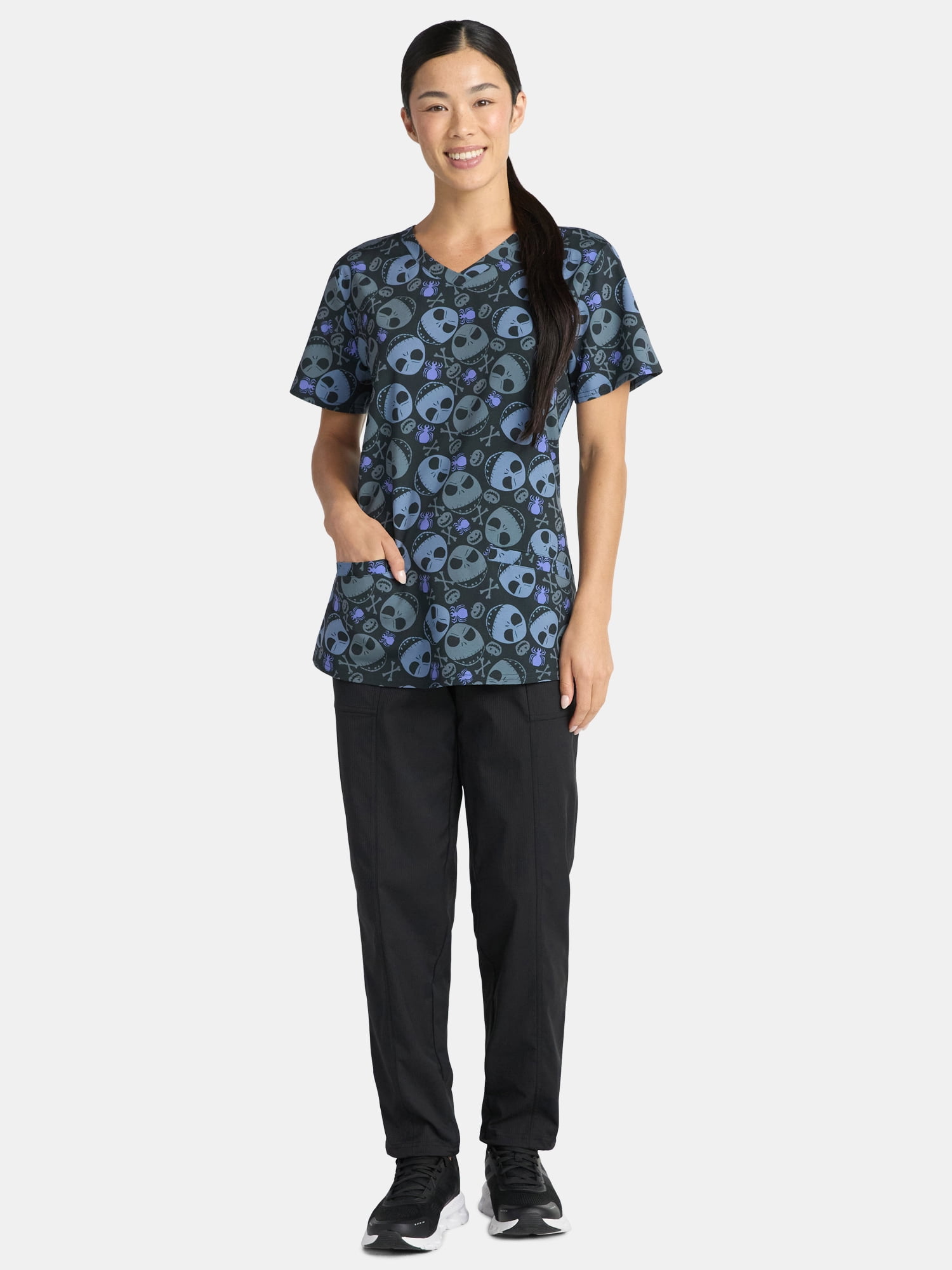 Nightmare Before Christmas Women's Holiday Scrub Top with Short Sleeves, Sizes S-3XL