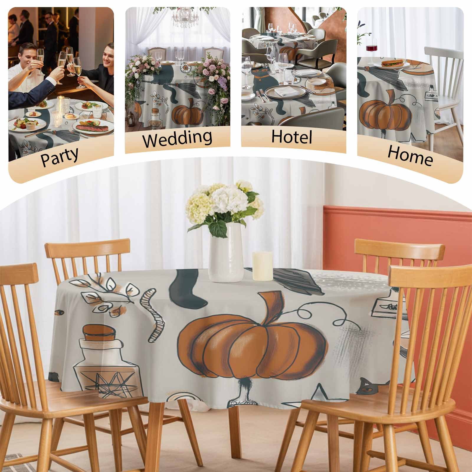 Round Tablecloth Vintage Halloween Pattern Waterproof Oil Proof Polyester Table Cloth Cover Decor for Home Dining Outdoor,Patio,Parties, 54" Dia. Pumpkin Witch Hat Black Cat