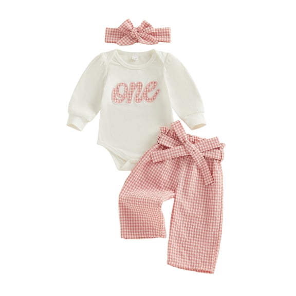 BemeyourBBs 3Pcs Baby Girls First Birthday Outfit 1st Birthday One Years Old Clothes Long Sleeve Crew Neck Letters Embroidery Romper Plaid Wide Legs Belt Pants and Headband Set