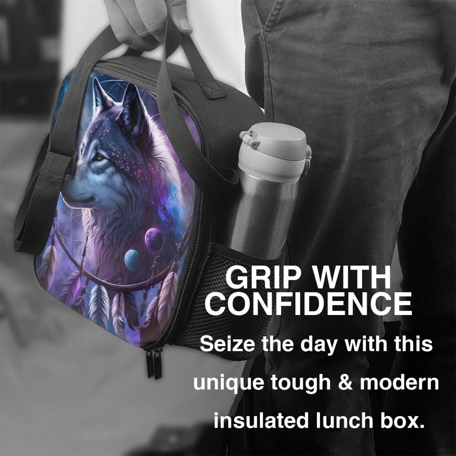 Ratiio Feathered Wolf Print Lunch Box - Reusable Lunch Bag Men Adult Women- Insulated LunchBox