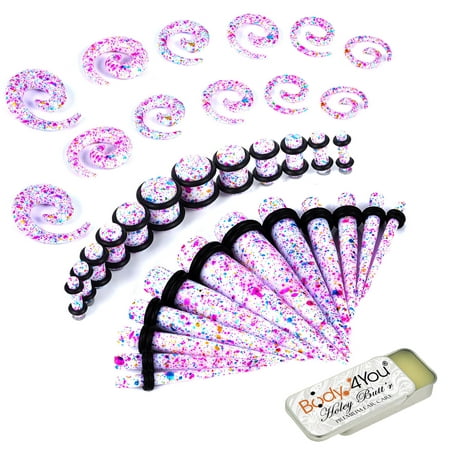 BodyJ4You 37PC Gauges Kit Ear Stretching Aftercare Balm 8G-00G Splash Acrylic Spiral Taper