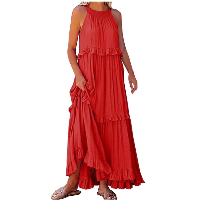 EQWLJWE Robes d'Été pour Femmes 2023 Liquidation Robes pour Femmes Mode Robe Imprimée Décontractée Sans Manches Col Rond Poches Robe Coupe Ajustée Mini pour Dames
