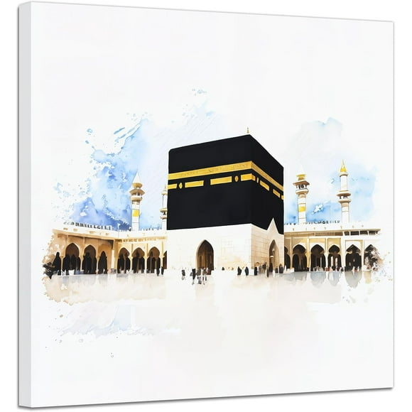 ZHONGYUTONG Mecca Canvas Wall Art Mecca Kaaba Watercolor Picture Prints Islamic Painting Muslim Wall Decor for Living Room Bedroom Framed (18.00" x 18.00")
