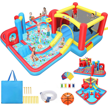 Adnoom Inflatable Water Slide with Large Splash Pool, Kids Bounce House w/Slide,Obstacles,Climbing,Basketball Hoop,Jumping Area for 3-10 Years, 172"X172"X65" Bouncy Castle(without Blower)