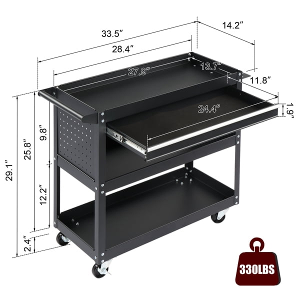 AsterOutdoor 3-Tier Heavy Duty Rolling Tool Cart with Pegboard, Drawer & 4 Hooks, 330lb Capacity Metal Utility Cart for Garage Workshop Storage，Black