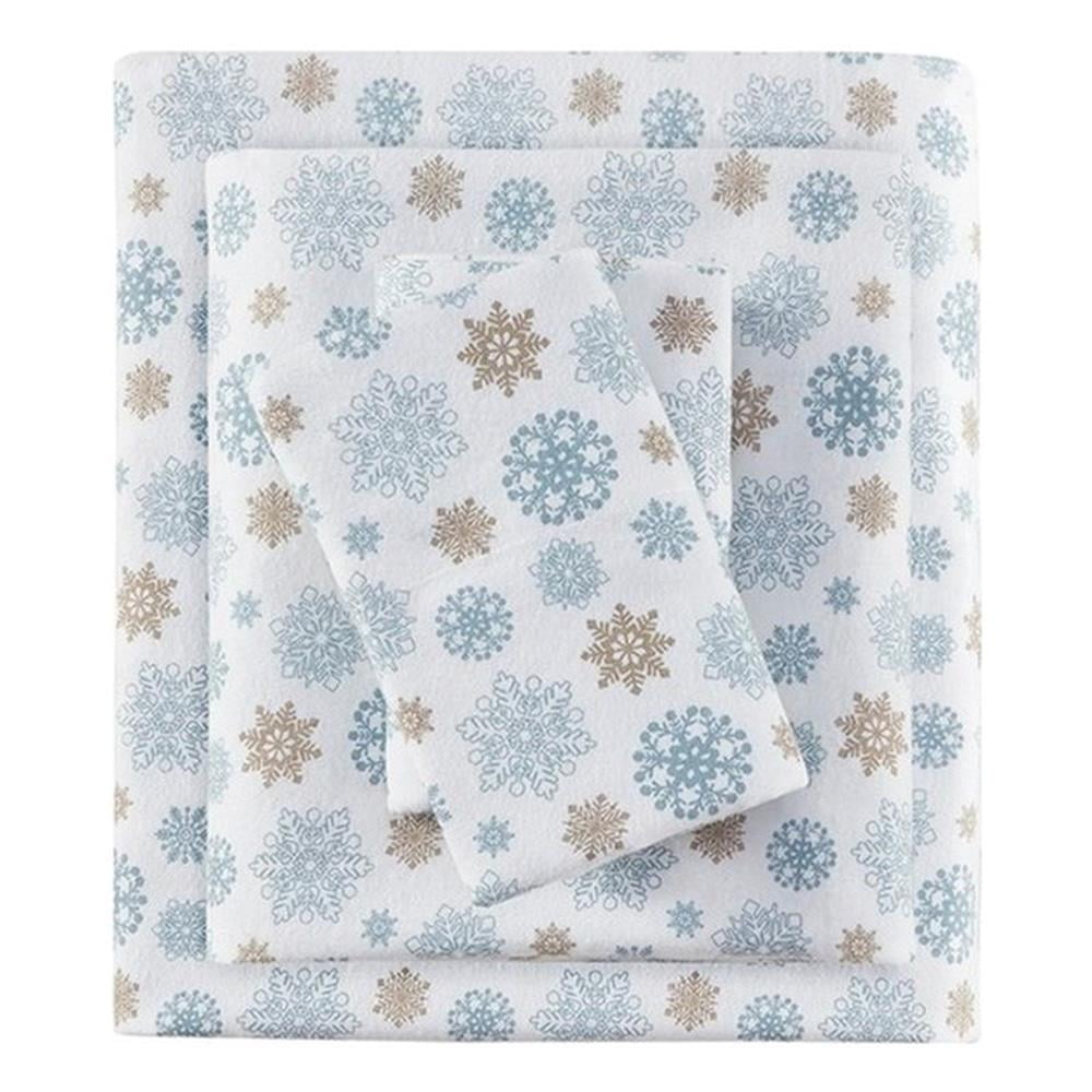 Regency Heights Full Size Cotton Flannel Sheet Set, 4-Piece Flannel Bed Sheets Full, 100% Cotton Bed Sheets Set with Deep Pocket, Tan/Blue Snowflakes