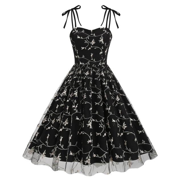 Womens Summer Halloween Bow Camisole Mesh Yarn Embroidery Style Full Dress