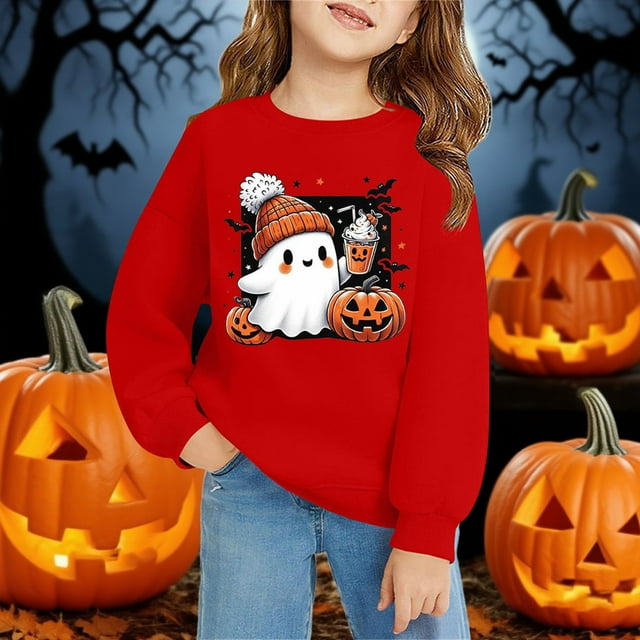 Chandail en Molleton Décontracté et à la Mode pour Enfants Halloween Imprimé 2D Col Rond Manches Longues Rouge