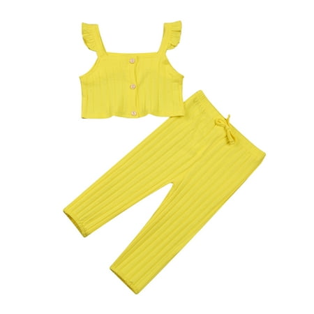 

One opening Girl s Two Piece Set Children s Ribbed Knit Vest Solid Color Flying Sleeve Tops Elastic Waistband Trousers