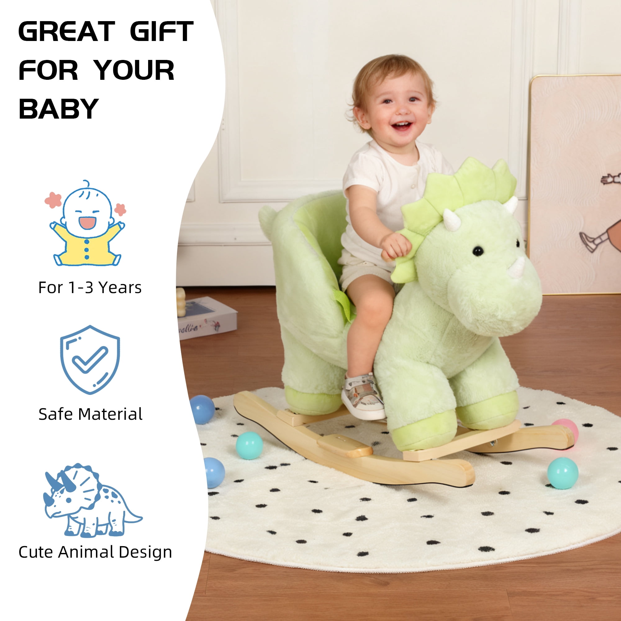 Alvantor Kids Ride on Rocking Horse for 1-3 Years Plush Dinosaur Rocking Toy with Music and Safety Belt Green