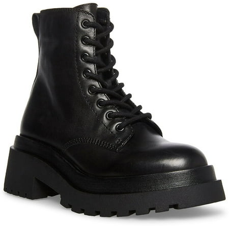 

Steve Madden Malvina Black Leather Lace Up Rounded Close Toe Chunky Heeled Boots (Black Leather 9.5)