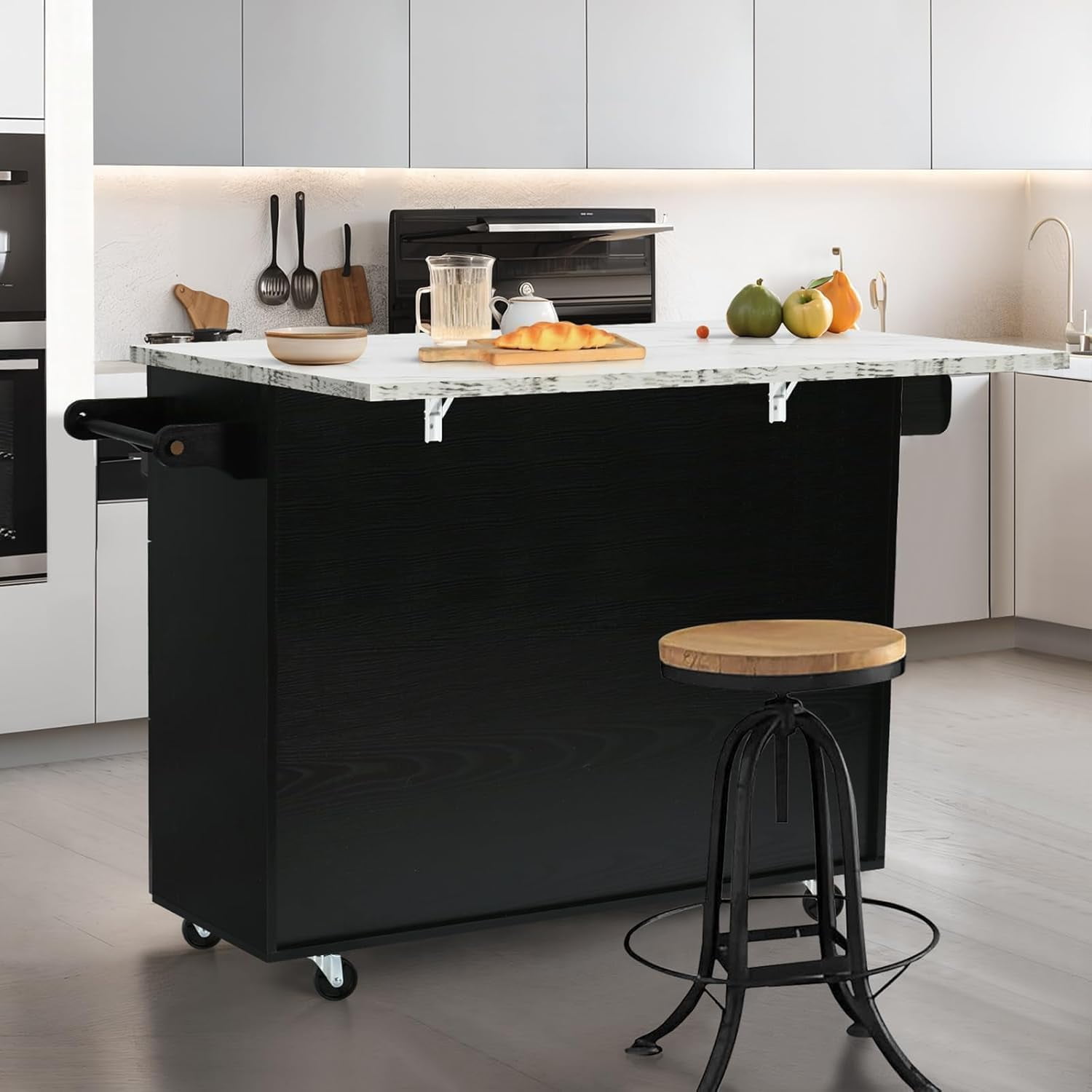 DreamCurship Kitchen Island on Wheels, Drop Leaf Kitchen Island Cart with Storage, Wood Countertop, Lockable Casters, Black
