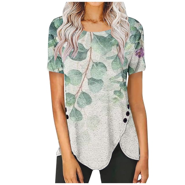 Birdeem Women Casual Buttons Printed Short Sleeve Round Neck Pullover Blouse T-Shirt Tops