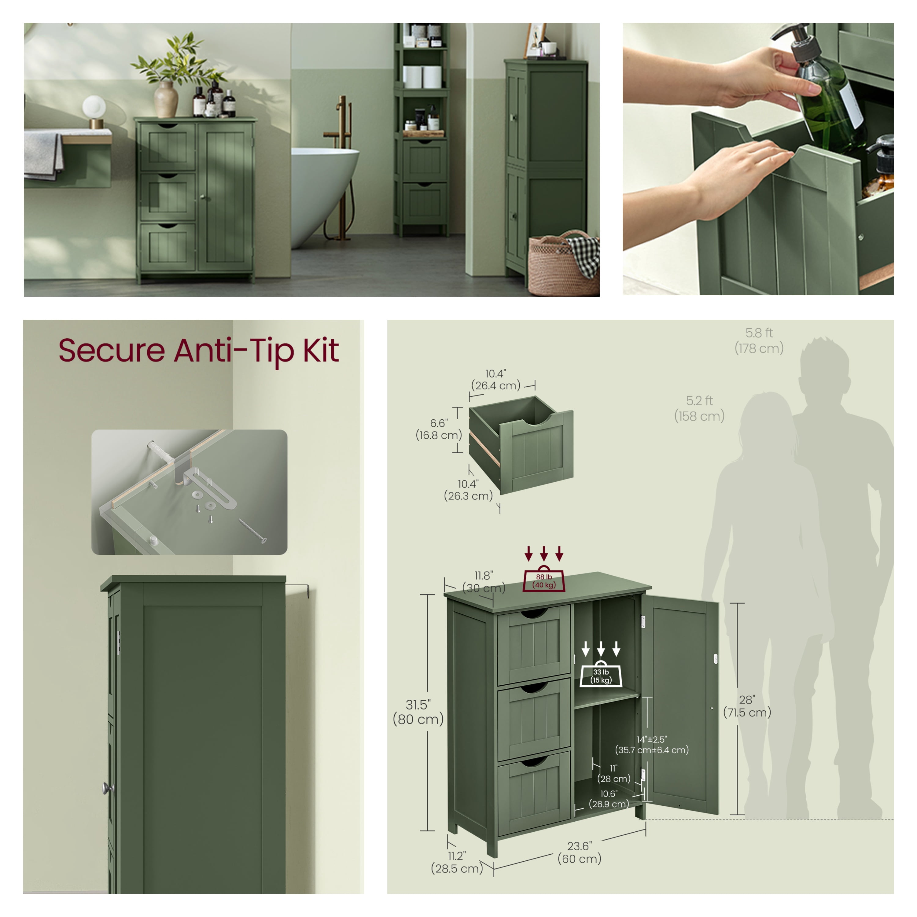 LEDREM Freestanding Storage Cabinet with 3 Drawers & Adjustable Shelf - 11.8x23.6x31.5 Inch Floor Cabinet, Forest Green