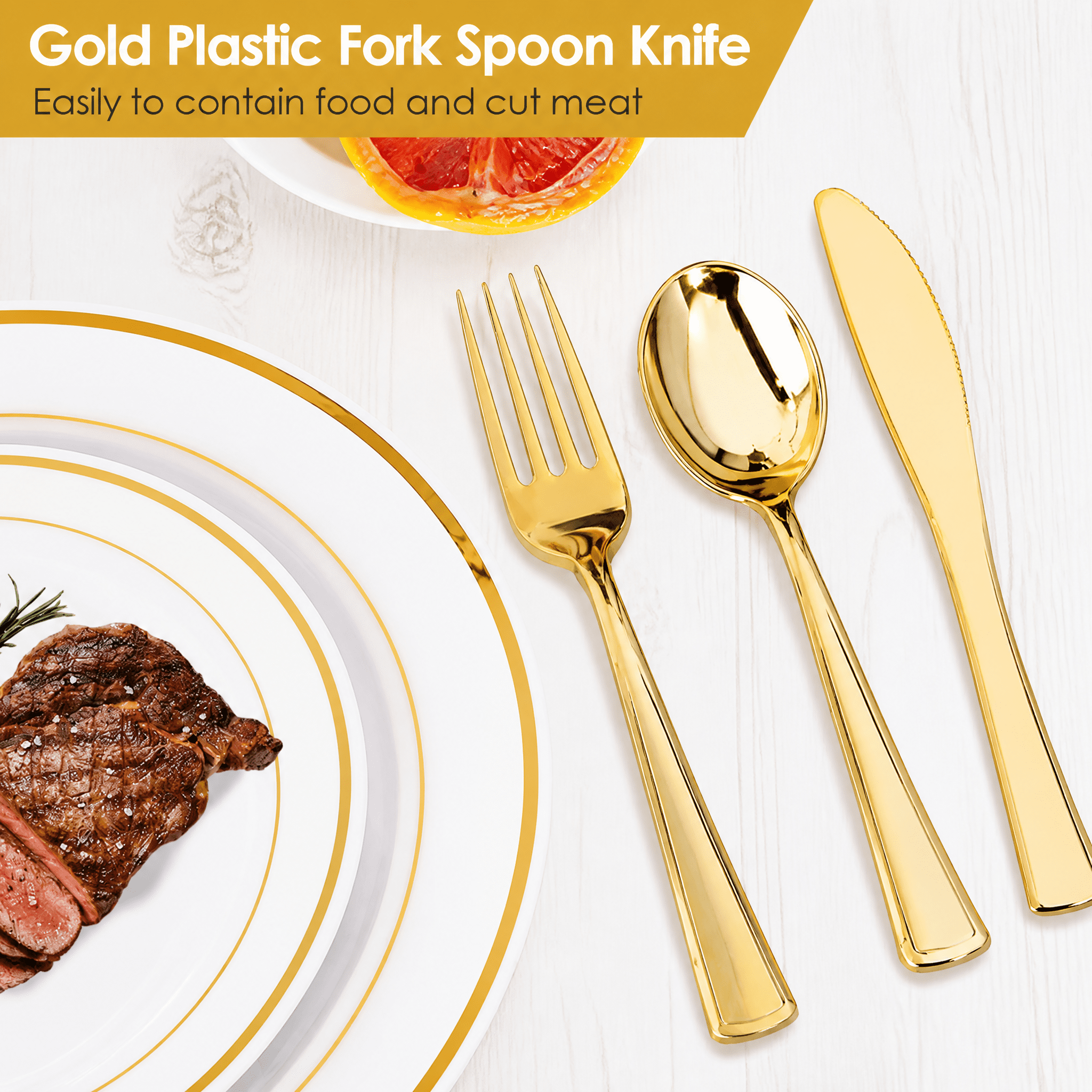 175Pcs Gold Plastic Dinnerware Set Disposable Plates Cups Cutlery for Wedding Party Halloween Thanksgiving
