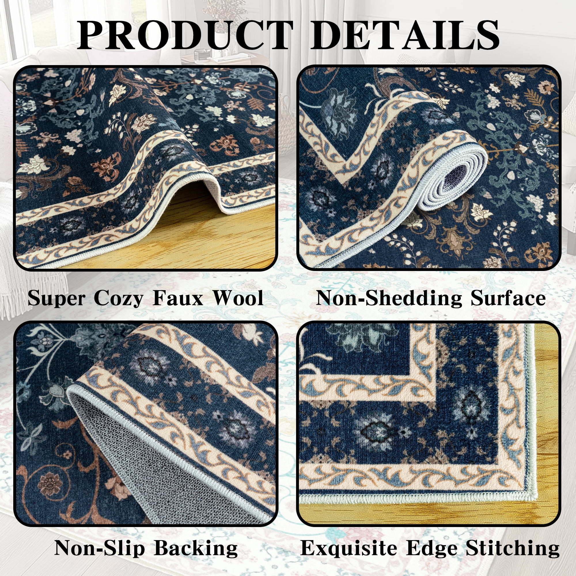 ZENELESS Washable Area Rug,4x6 Non-Slip Foldable Ultra-Thin Soft Carpet for Living Room Bedroom Bathroom Kitchen Entryway Office,Dark Blue