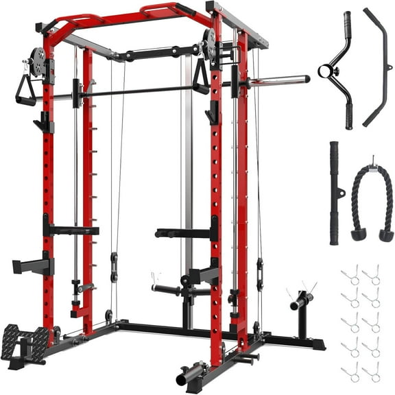 Studyset Power Cage, Smith Machine Squat Rack, Heavy Duty Power Rack for Home Gym with Pulley System, Dip Bar, LAT Pulldown, Multifunctional Squat Rack for Home Gym