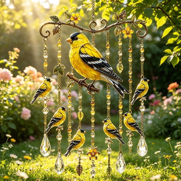 WEEEANT Goldfinch Wind Chime with Crystal Pendants, Metal Bird Suncatcher for Outdoor Garden Decor, Hanging Ornament for Patio Porch