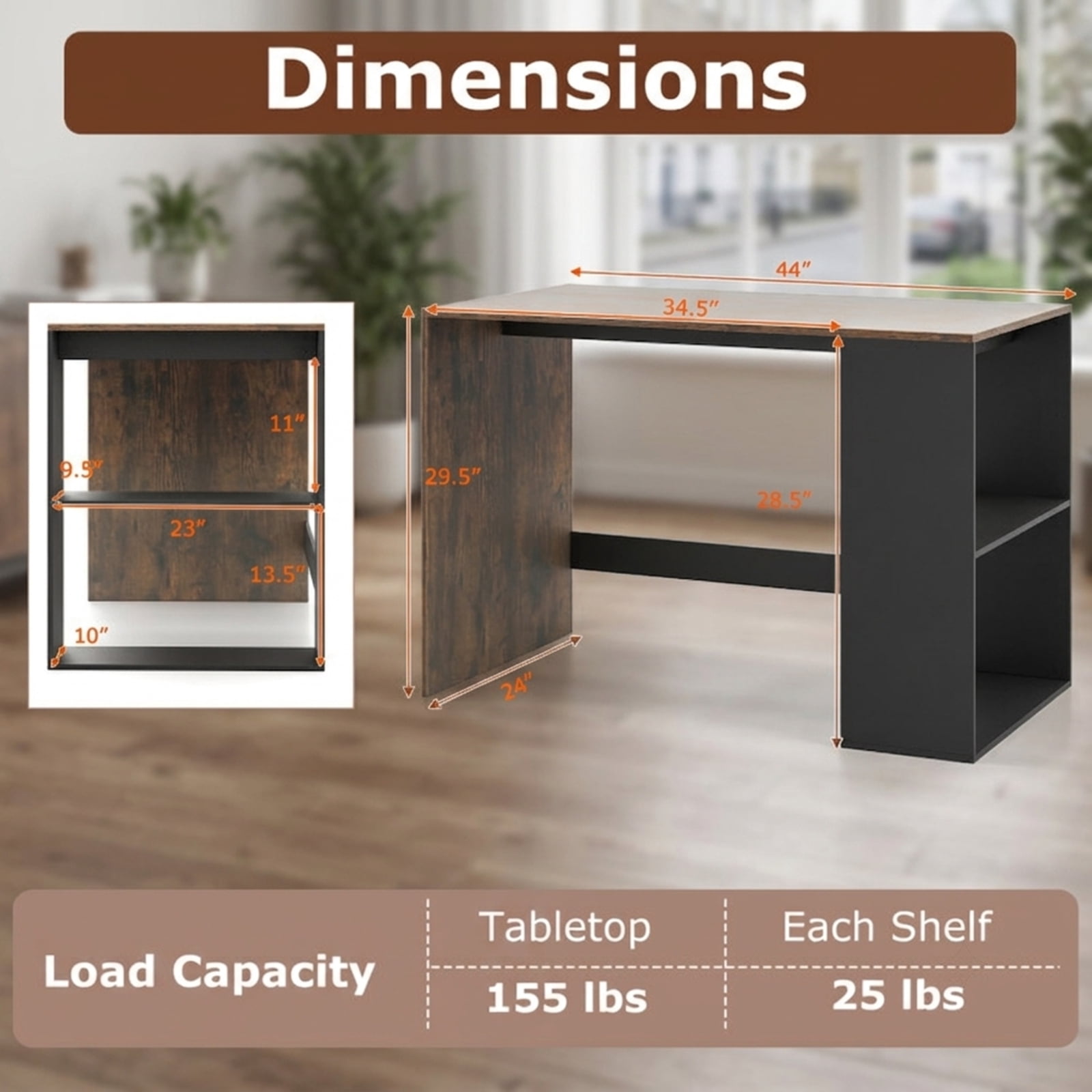 Furnibear 44 Inch Wooden Computer Desk with 2-Tier Bookshelf and Spacious Desktop Compact Home Office Workstation, Rustic Brown