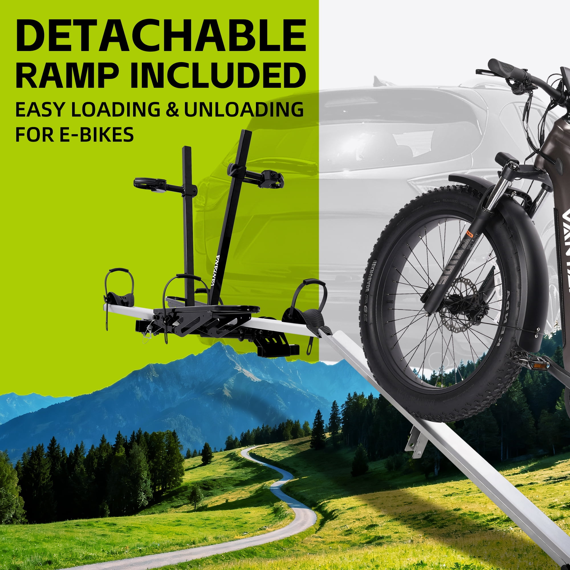 Vantana Foldable 2-Ebike Rack with Loading Ramp, 200 lbs Aluminum Hitch Carrier for 2" Receiver, Fits Trucks, SUVs, RVs, and Trailers