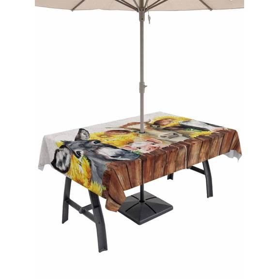 Outdoor Tablecloth with Umbrella Hole and Zipper, Farm Pig Cow Vintage Rectangle Table Cloth 52x70 Inch Waterproof Tablecloth, Farmhouse Retro Sunflower Grey Picnic Table Cover for Patio Camping