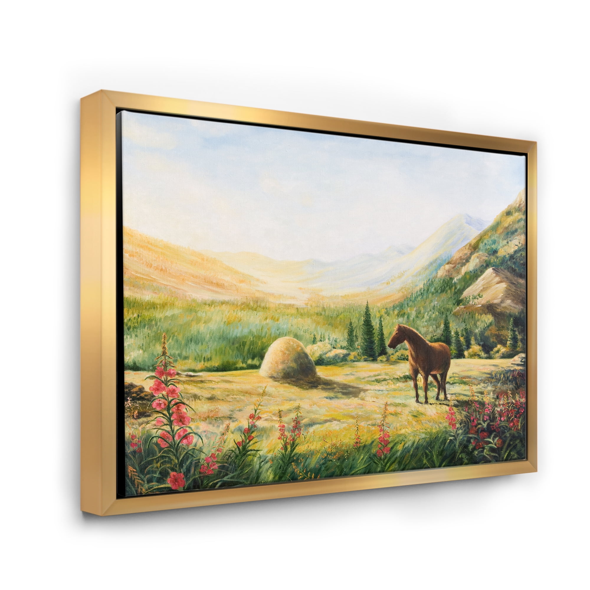 Designart 'Sunrise In The Mountains With Horse' Farmhouse Framed Canvas Wall Art Print