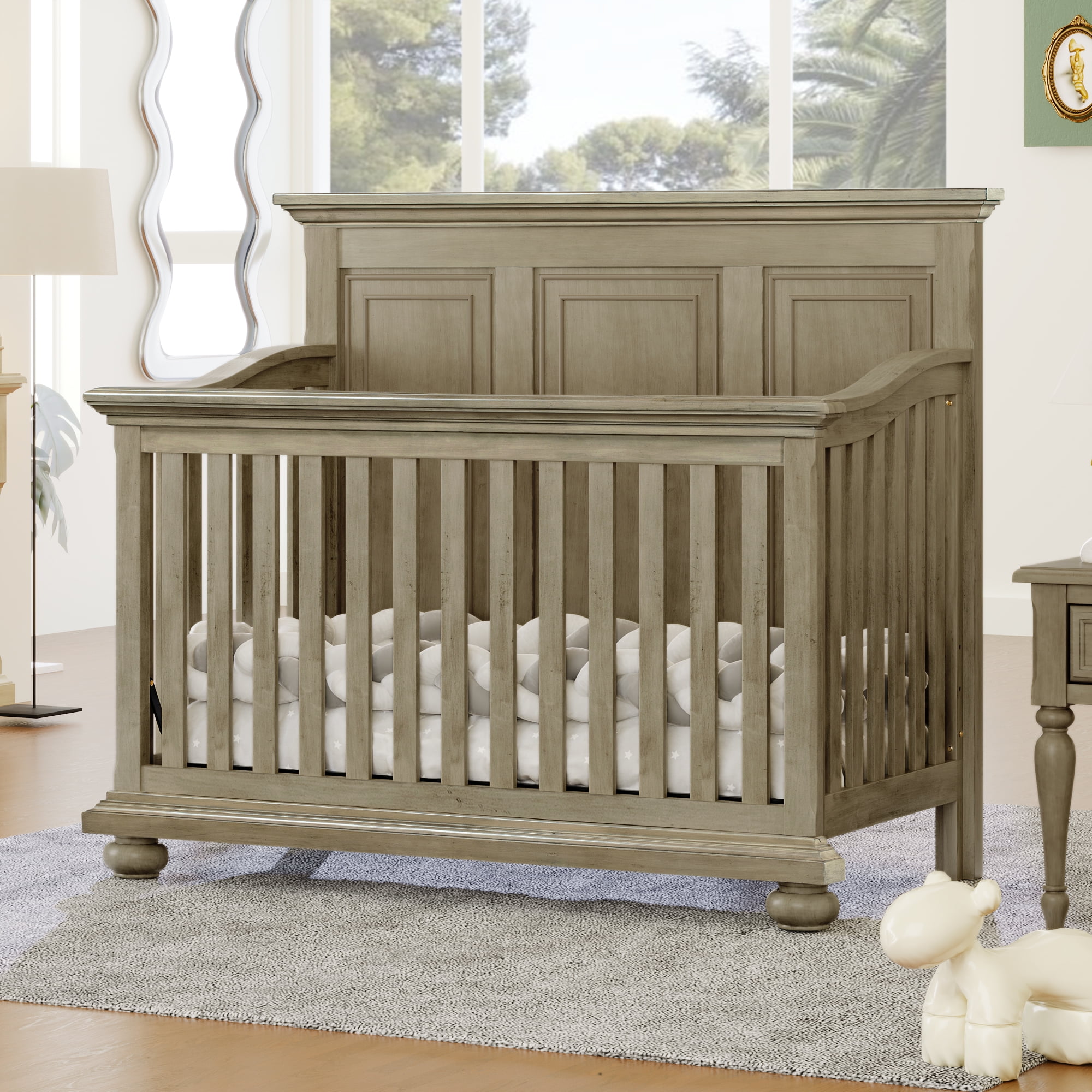 Paproos Gray Cribs for Baby, 4in1 Solid Wood Convertible Baby Crib