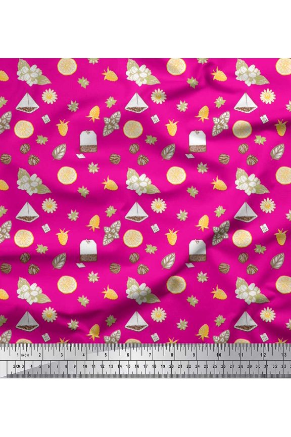 Pink Poly Georgette Fabric Tea Bag,Star Anise & Lemon Slice Vegetable Print Sewing Fabric Yard 52 Inch Wide