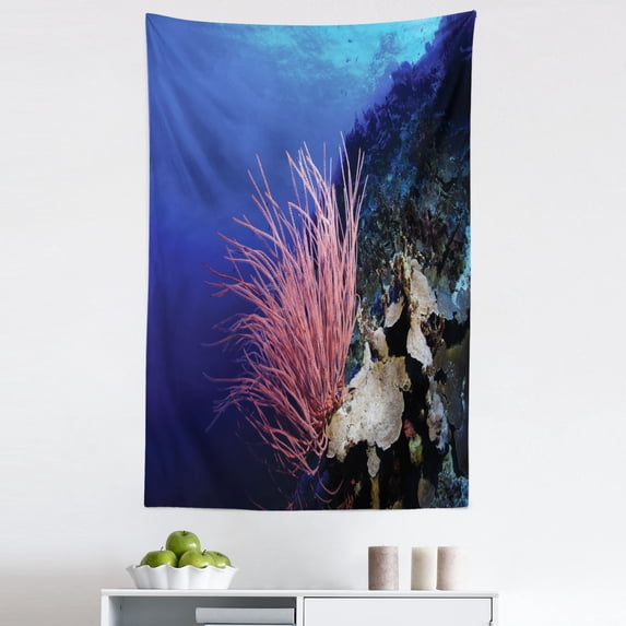 Underwater Ocean Tapestry, Aquatic Coral Exploring the Sea Scenic Tropical Photo Shot Print, Fabric Wall Hanging Decor for Bedroom Living Room Dorm, 5 Sizes, Blue and Pastel Pink, by Ambesonne