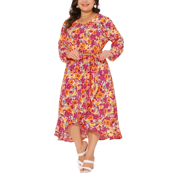 Vestido largo de mujer plus size Agnes Orinda, con mangas largas, escote en V, chiffon floral, vestido largo con cinturón 1X rojo