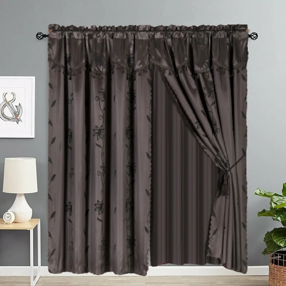 Nada Brown 2 panels Curtain Set With Attached Valances Attached Backing Sheer Floral Design Silky Panels and 2 Tassels Rod Pocket 120" W X 84" L