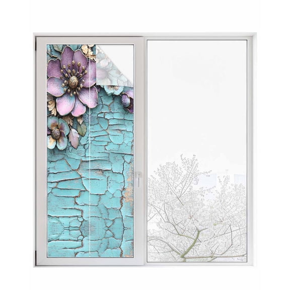 Window Privacy Film Purple Flowers Stained Glass Window Film Decorative Sun Block Window Cover Retro Floral Pastoral Mottled Walls Window Clings Static Adhesive Sticker for Bathroom 23.6"x59"