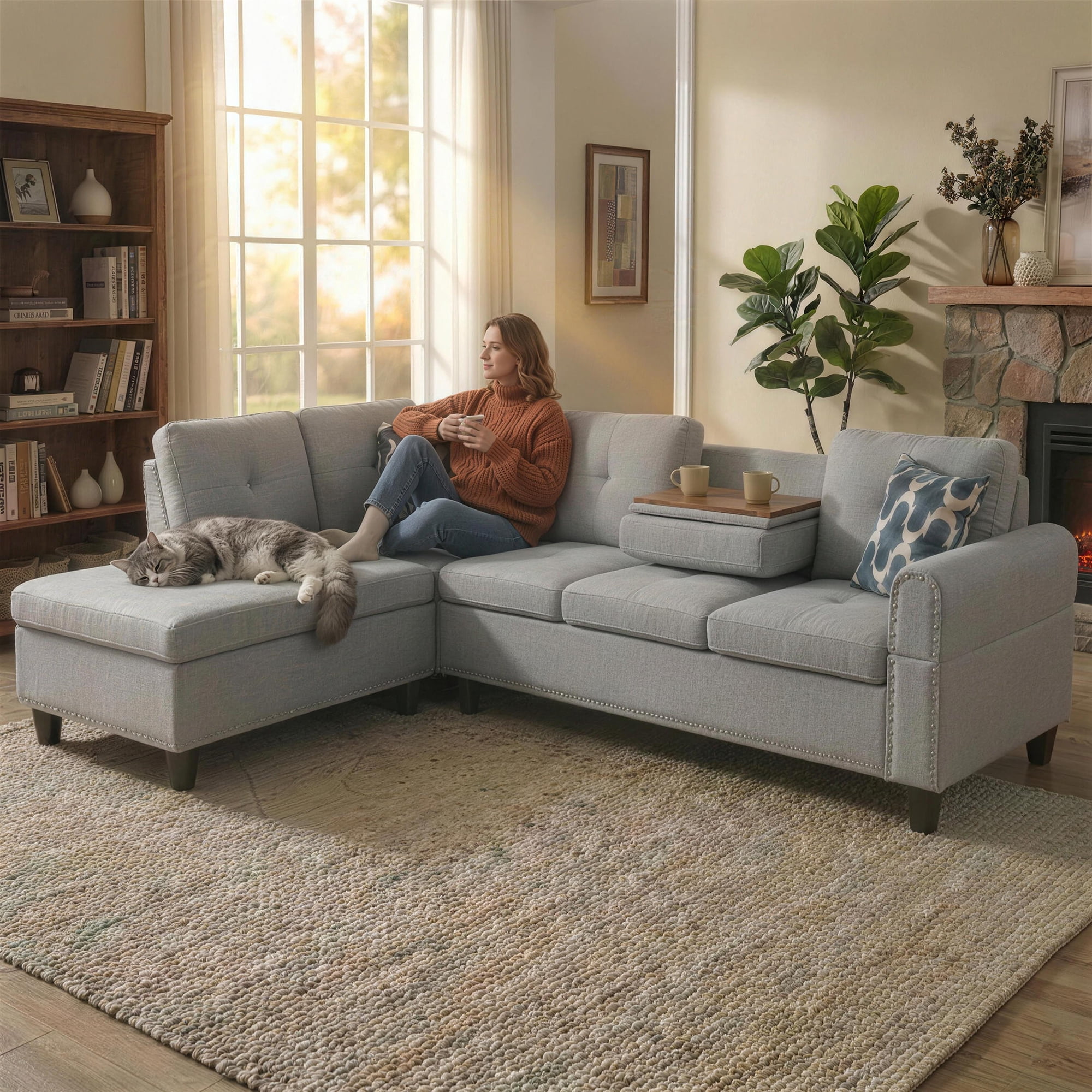 AENKYO 98" L-Shaped Upholstered Sectional Sofa Couch with Storage & Cup Holders, Faux Leather Living Room Sofa Set, Light Gray