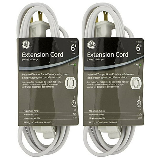 2PACK GE Extension Cord, Indoor, White with Tamper Guard, 6 ft
