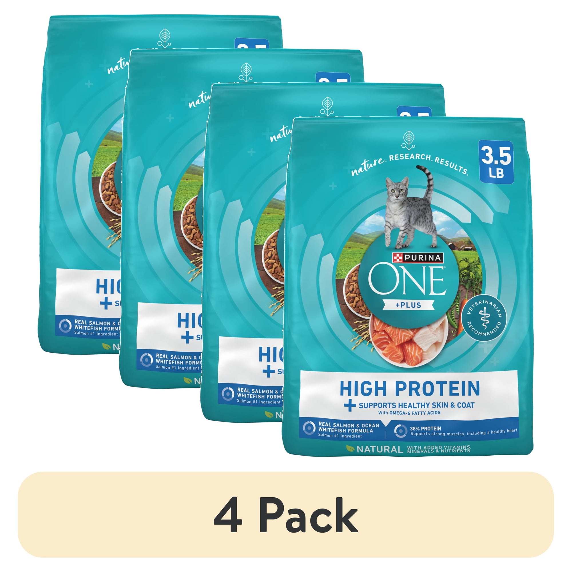 (4 pack) Purina ONE Plus Natural High Protein Dry Cat Food Salmon and Ocean Whitefish Skin and Coat Health Formula, 3.5 lb Bag