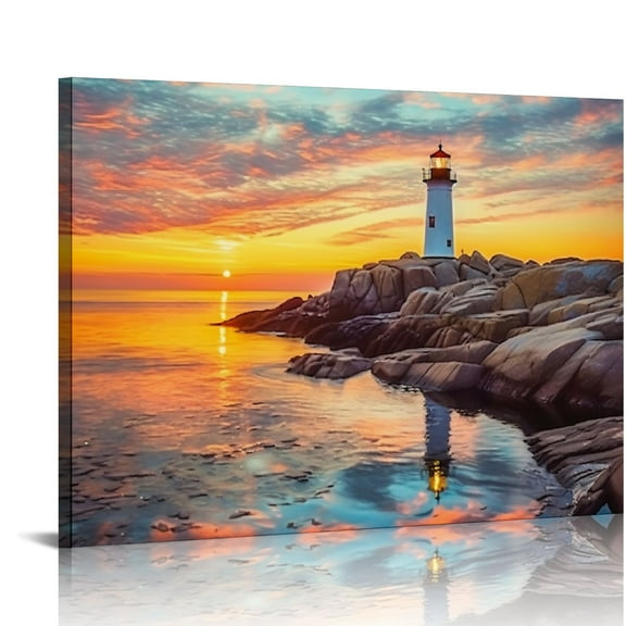 COMIO  Canvas Prints Wall Art Peggy's Cove Lighthouse Sunset Ocean View Landscape Nature Pictures Stretched Canvas Wooden Framed for Living Room Bedroom and Office Wall Decor