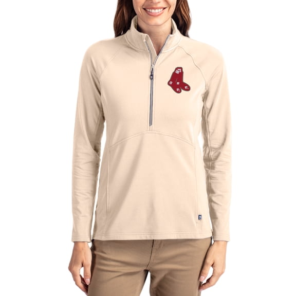 Women's Cutter & Buck Tan Boston Red Sox Cooperstown Collection Adapt Eco Knit Stretch Half-Zip Pullover