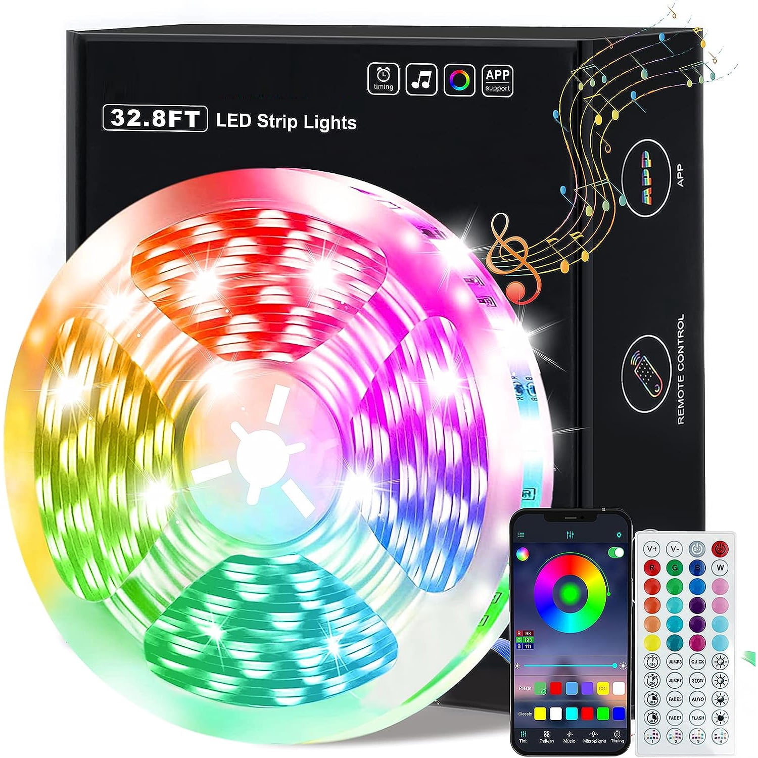 Lemohome LED Strip Lights 100ft Music Sync Bluetooth 5050 RGB Room Light W/Remote