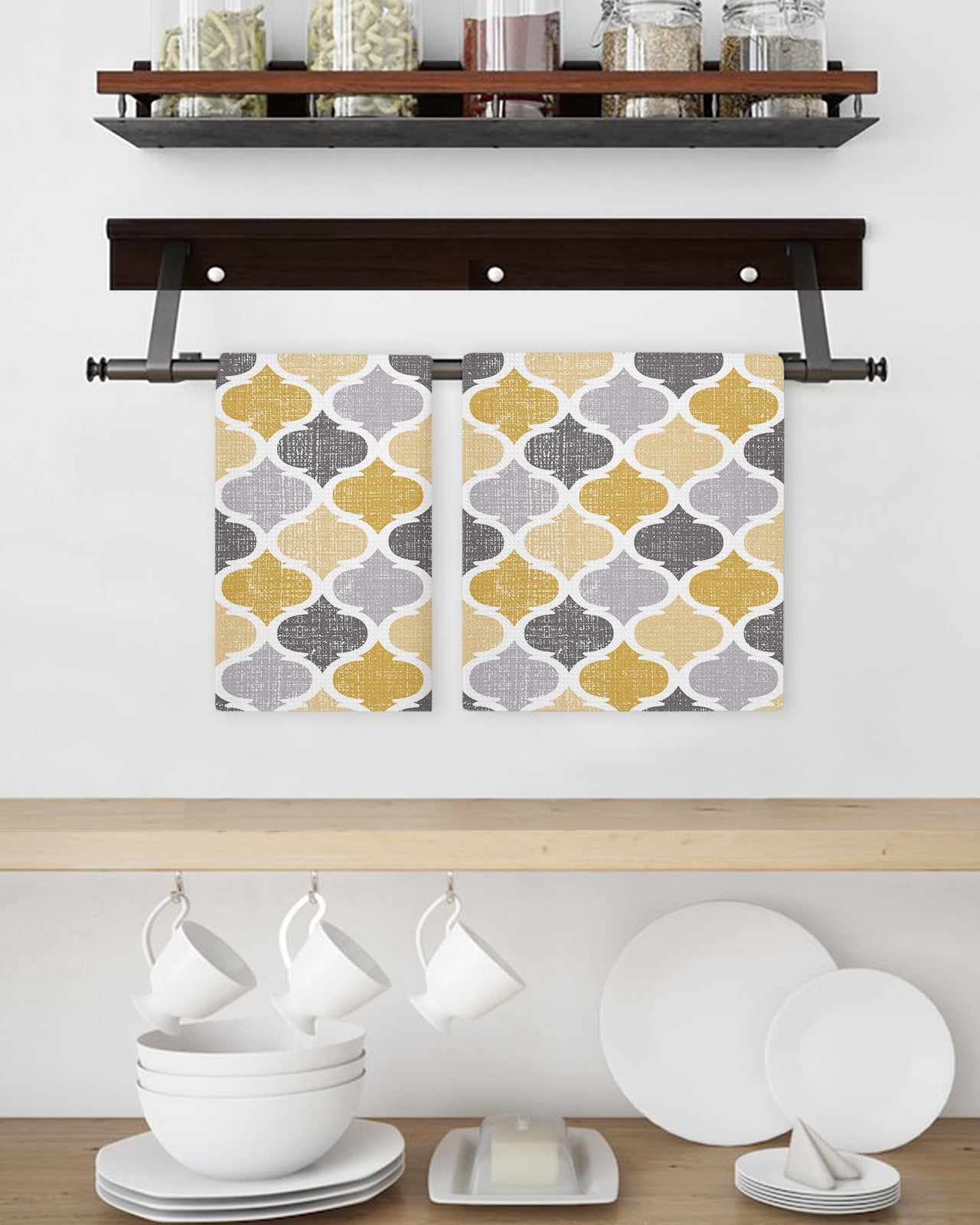 Moroccan Kitchen Dish Towels for Drying Dishes Set of 2, Vintage Moroccan Texture Yellow Grey Waffle Weave Microfiber Hand Tea Bathroom Towels Quick Dry & Absorbent Towel 15.7x23.6