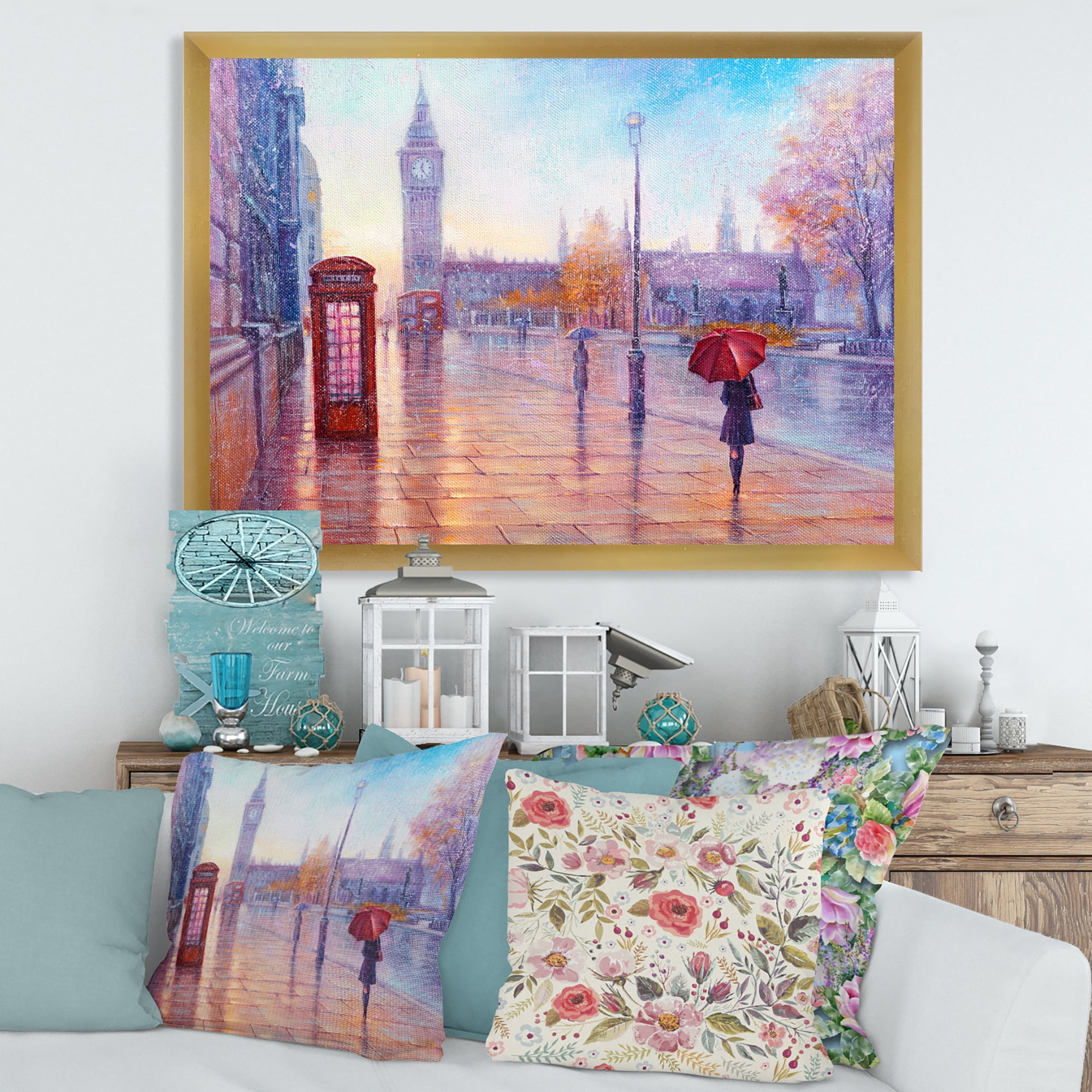 Designart 'Big Ben and Woman With Red Umbrella In London Street' French Country Framed Art Print