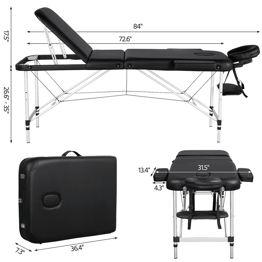 Renwick Professional 3 Fold Adjustable Aluminum Massage Table w/ Backrest/Headrest/Armrest, Black